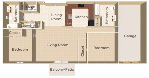 A floor plan of a house with two bedrooms, a living room, a dining room, a kitchen, a bathroom, a laundry room, and a balcony.